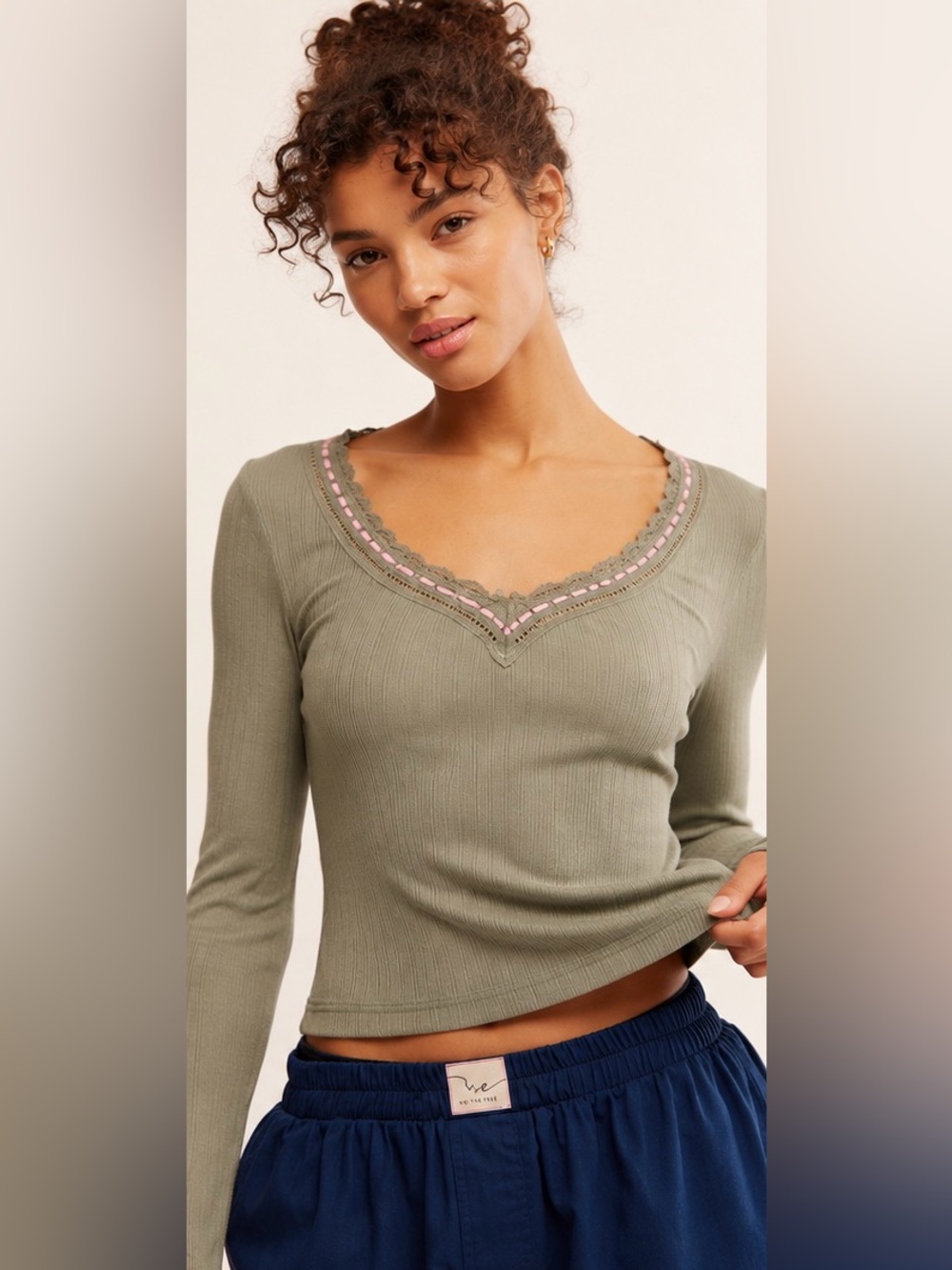 Free People Only You Ribbed Lace Trim Layer Top NWOT Medium Olive Green & Pink
